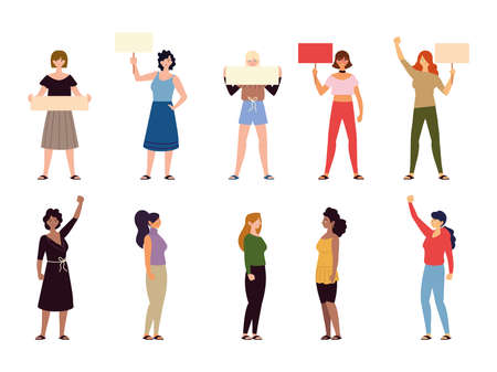 diverse cartoon women standing together and holding a placard vector illustrationのイラスト素材