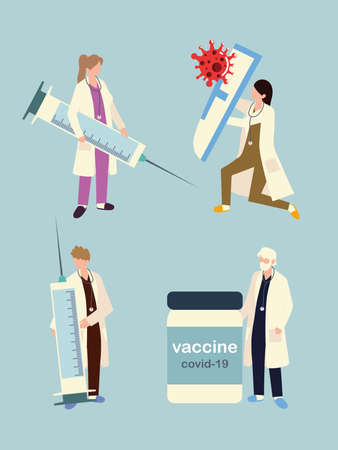 female and male doctors with vaccine covid 19 vial and syringes vector illustrationのイラスト素材