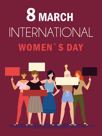 international womens day 8 march female community with placards vector illustrationのイラスト素材