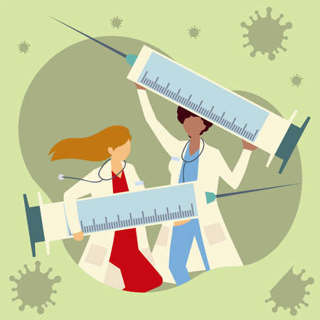 female and male physicians with big syringe for vaccine vector illustrationのイラスト素材