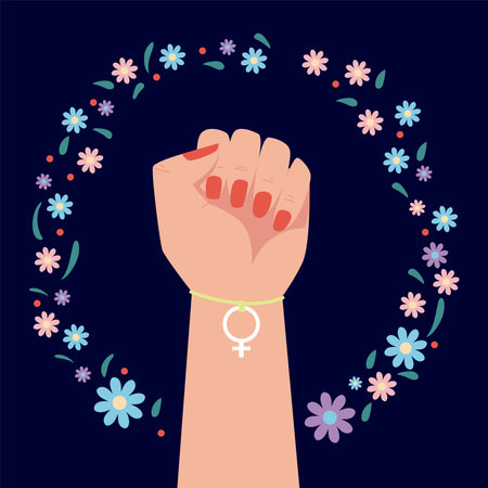 womens day, hand up female gender bracelet charm floral decoration vector illustrationのイラスト素材