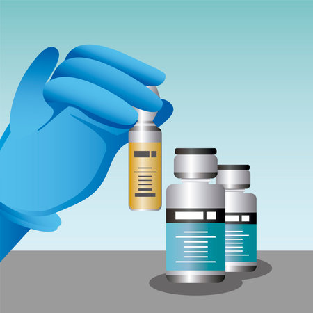 world vaccine, hand with medicine vials treatment protection against covid 19 vector illustrationのイラスト素材
