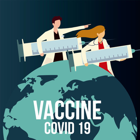 physicians with syringe protection world for covid 19 vector illustrationのイラスト素材