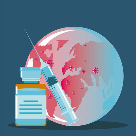 syringe of vaccine and vial medicine planet, protection against covid 19 vector illustrationのイラスト素材
