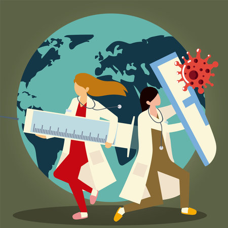 women doctors with big syringe and shield vaccine prevents covid 19 vector illustration