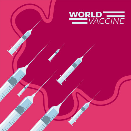 plastic medical syringes with needle, world vaccine vector illustrationのイラスト素材