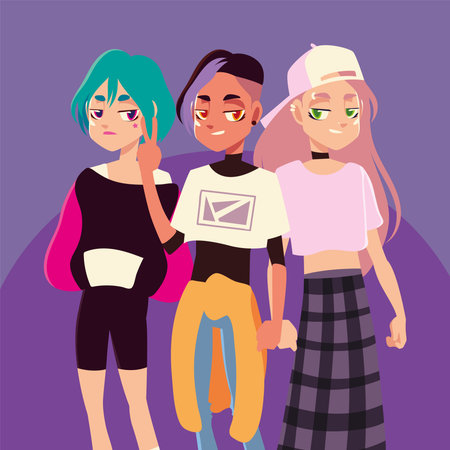 portrait of smiling teenage girls hairstyle fashionable clothes, young culture vector illustrationのイラスト素材