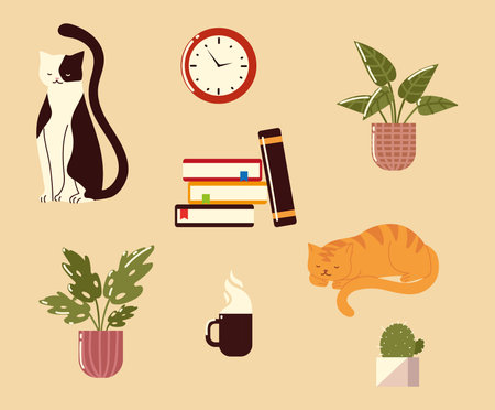 set of such as clock plant books coffee cup cactus and cats vector illustration