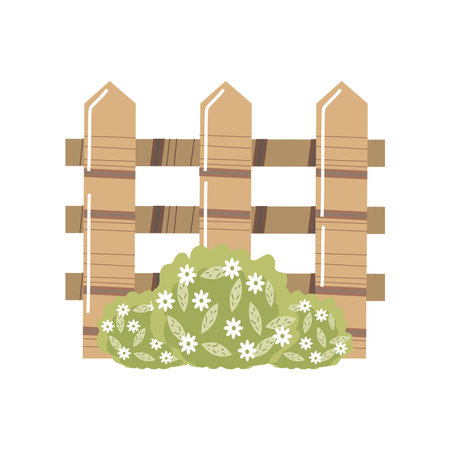 home garden wood fence flowers and bush vector illustrationのイラスト素材