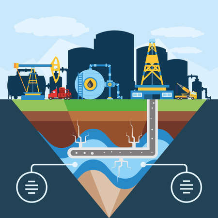 fracking schematic diagram of hydraulic well for oil reservoir vector illustrationのイラスト素材