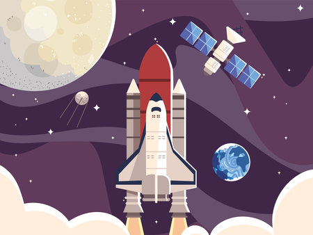 space moon spaceship satellite and planet galaxy vector illustration