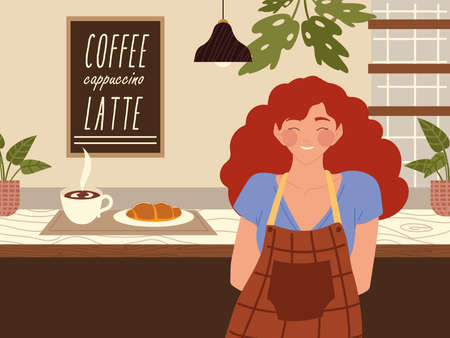 smiling female barista in apron with hot coffee and croissant on coffee shop counter vector illustrationのイラスト素材