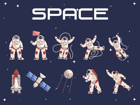 space astronaut character in spacesuit satellite spaceship vector illustrationのイラスト素材
