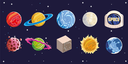 space planets sun moon helmet asteroid astronomy galaxy icons vector illustration