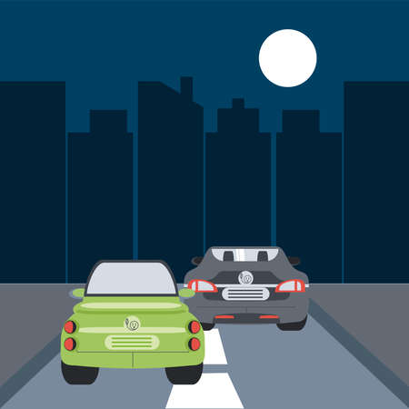 electric cars traffic road street city night scene vector illustrationのイラスト素材