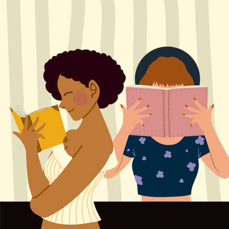 entertaining women reading books portrait vector illustrationのイラスト素材