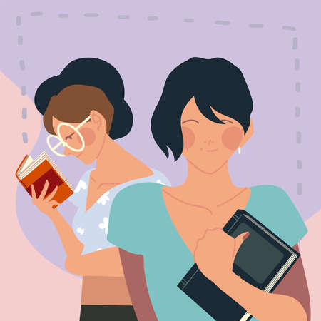 happy female characters reading a books vector illustrationのイラスト素材