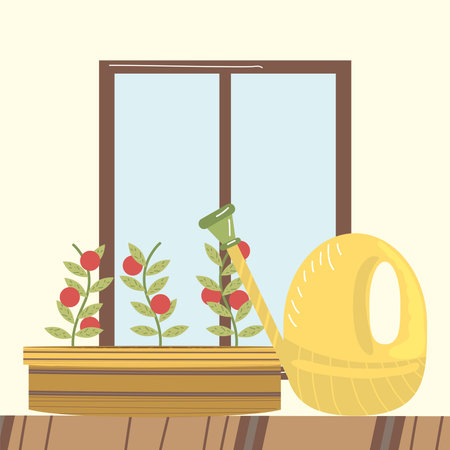 home garden watering can tomatoes in pot and window vector illustrationのイラスト素材
