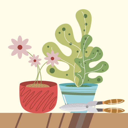 home garden flowers succulent plant in pot and scissors vector illustrationのイラスト素材
