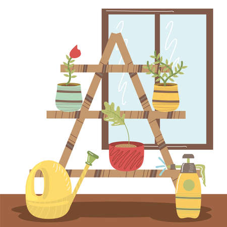 home garden wooden shelf with potted plants vector illustrationのイラスト素材