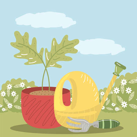 home garden rake potted plant and watering can vector illustrationのイラスト素材