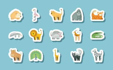 jungle animals cartoon stickers icons vector illustrationのイラスト素材