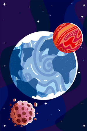 space planets asteroid cosmos galaxy stars dark background vector illustrationのイラスト素材
