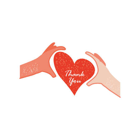 hands with heart and thanks you hand drawn text vector illustrationのイラスト素材