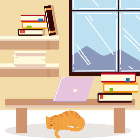 work at home office table with laptop books shelf and cat vector illustrationのイラスト素材