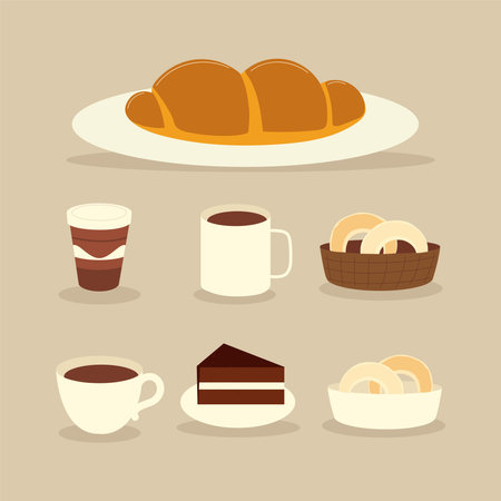 restaurant croissant cake coffee cup icon set vector illustrationのイラスト素材