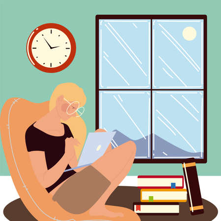 young woman sitting on the chair and working on laptop with books, work at home vector illustrationのイラスト素材