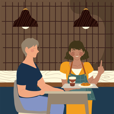 waitress coffee and customer female sitting eating vector illustrationのイラスト素材
