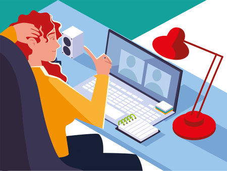 woman working in office behind her desk with desktop computer, workspace vector illustrationのイラスト素材