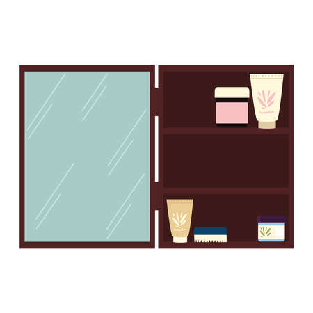 wooden bathroom cabinet with mirror cosmetics skin care vector illustrationのイラスト素材