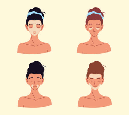 set women applying face cream skin care products vector illustrationのイラスト素材
