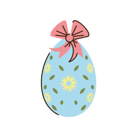 happy easter decorative egg with bow and flowers vector illustration cartoon isolated styleのイラスト素材