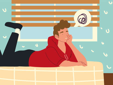 procrastinating bored young resting in the bedroom vector illustrationのイラスト素材
