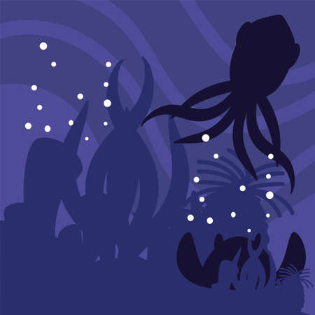 underwater world dark silhouette octopus and stingray vector cartoon illustrationのイラスト素材