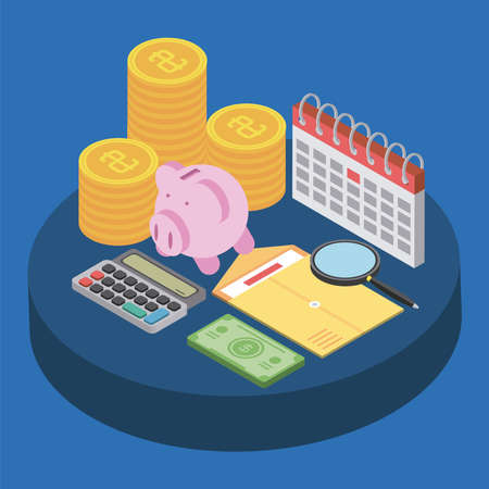 tax day calculator piggy bank calendarのイラスト素材