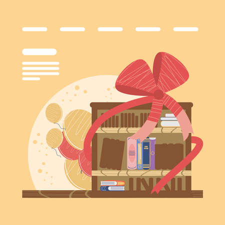 bookshelf with books ribbon and balloons cartoon vector illustrationのイラスト素材