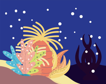 underwater world coral reef seaweed ocean sand vector cartoon illustrationのイラスト素材