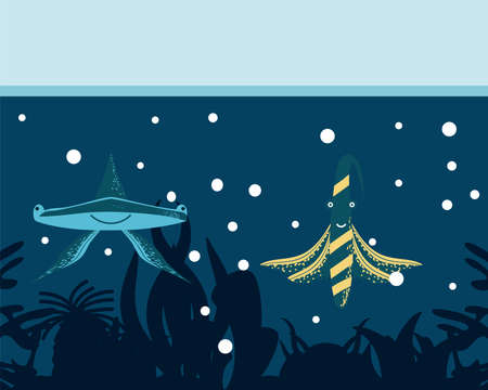 underwater world hammerhead shark and exotic fish vector cartoon illustrationのイラスト素材
