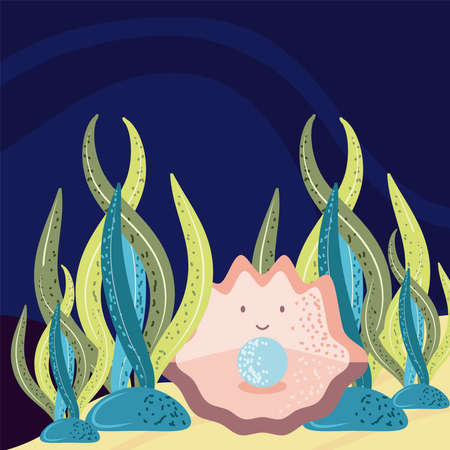 underwater world sea shell with shiny round pearl vector cartoon illustrationのイラスト素材