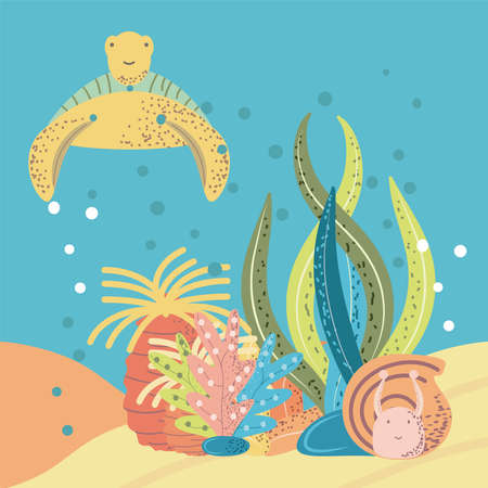 underwater world turtle snail anemone coral and reef vector cartoon illustrationのイラスト素材