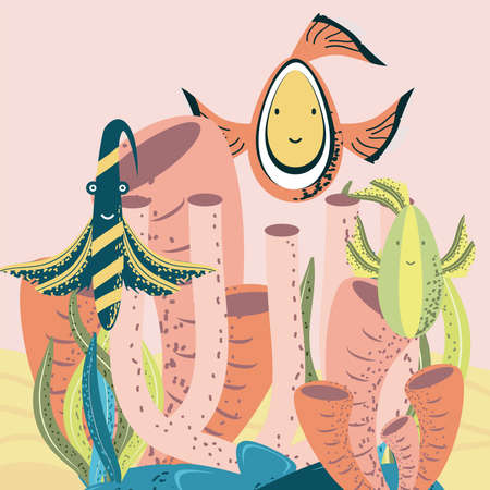 underwater world exotic fishes ocean coral reef sand seaweed vector cartoon illustrationのイラスト素材