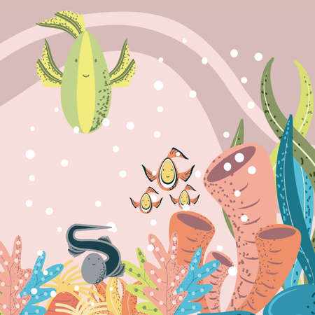 underwater world habitat clown fishes eel coral reef algae vector cartoon illustrationのイラスト素材