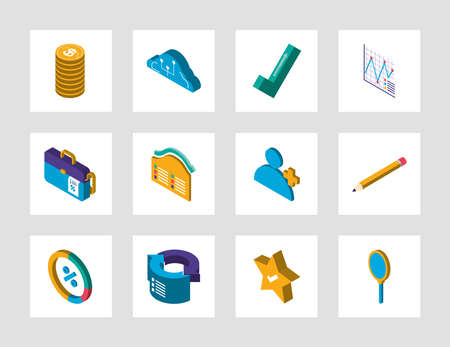 set digital solutions money cloud storage diagram chart statistics vector illustration isometricのイラスト素材