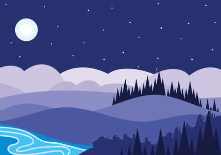 landscape night river forest skyのイラスト素材