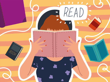 girl reading a book, education knowledge and earning vector illustration
