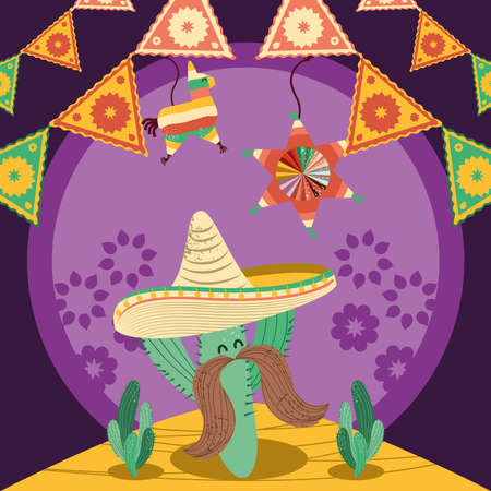 mexican cactus character hat decorationのイラスト素材